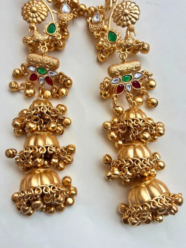 Gold-Plated_Green_and_Red_stone_studded_Dome_Shaped_Jhumka_Earrings