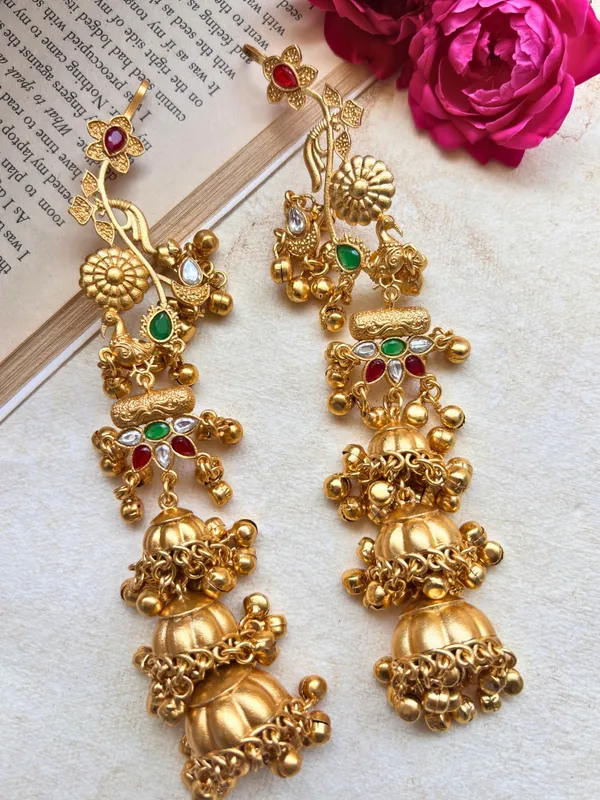 Gold-Plated_Green_and_Red_stone_studded_Dome_Shaped_Jhumka_Earrings