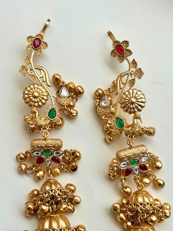 Gold-Plated_Green_and_Red_stone_studded_Dome_Shaped_Jhumka_Earrings