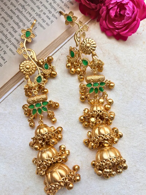 Gold-Plated_Green_stone_studded_Dome_Shaped_Jhumka_Earrings