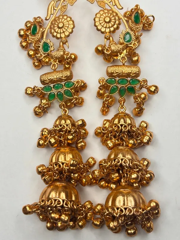 Gold-Plated_Green_stone_studded_Dome_Shaped_Jhumka_Earrings
