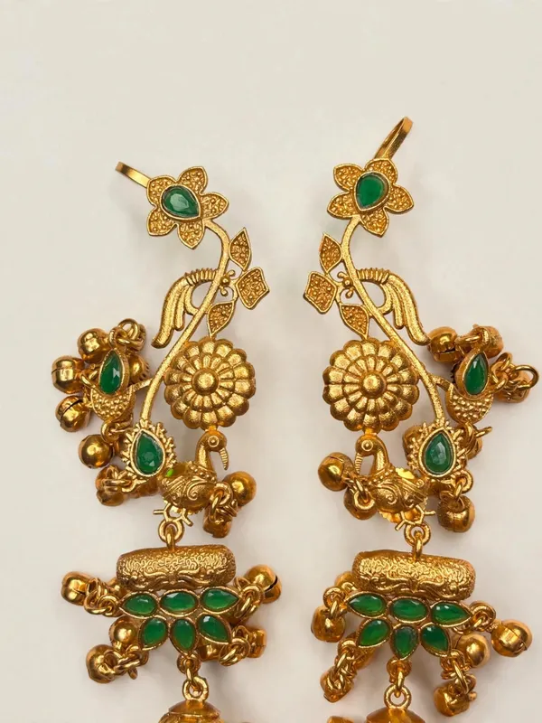 Gold-Plated_Green_stone_studded_Dome_Shaped_Jhumka_Earrings