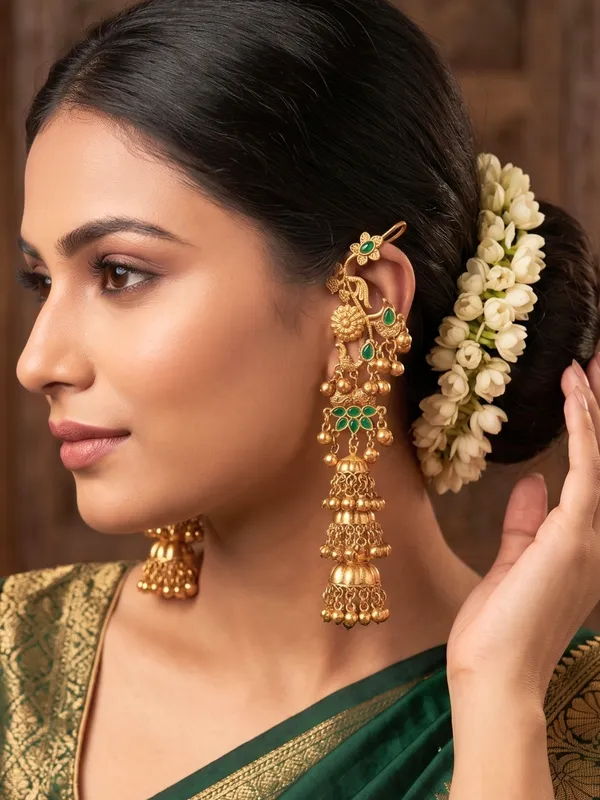 Gold-Plated_Green_stone_studded_Dome_Shaped_Jhumka_Earrings