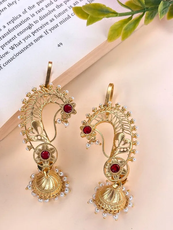 Gold-Plated_Peacock_Shaped_Ear_Cuff_Jhumka_Earrings