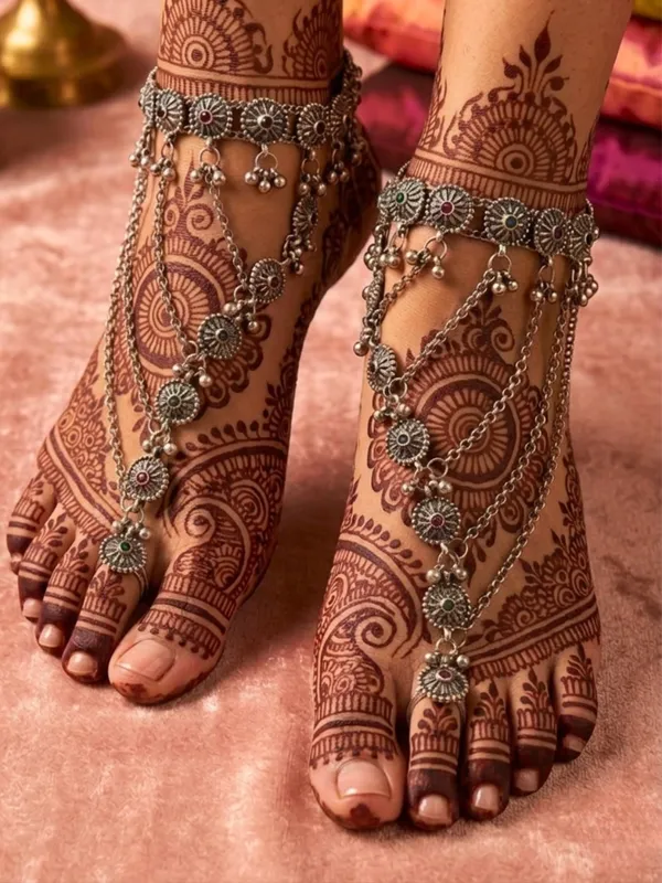 Women_Oxidised_Silver-Plated_Pink_Kundan_Stone-Studded_Layered_Chain_Anklet_With_Toe_Ring