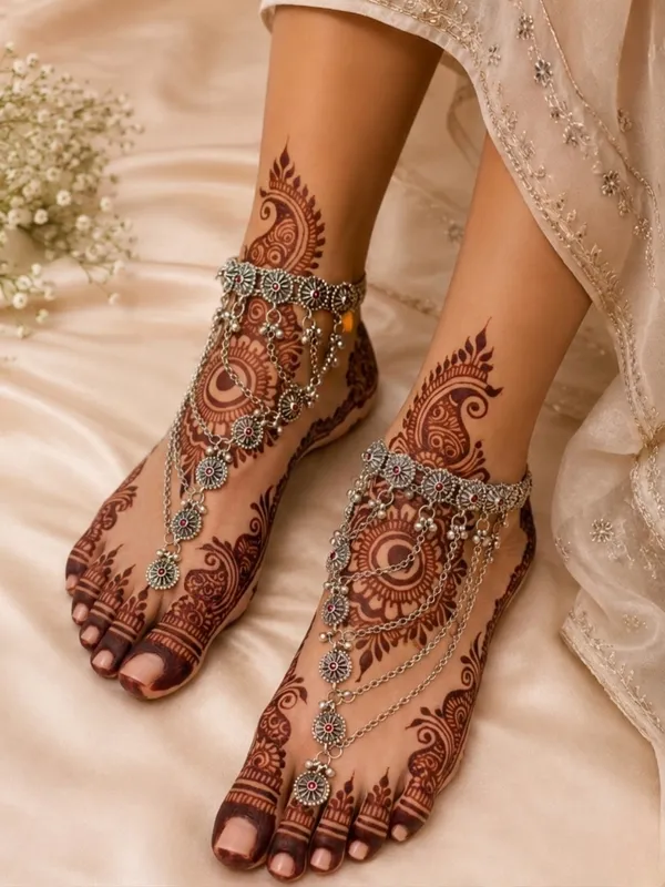 Women_Oxidised_Silver-Plated_Pink_Kundan_Stone-Studded_Layered_Chain_Anklet_With_Toe_Ring