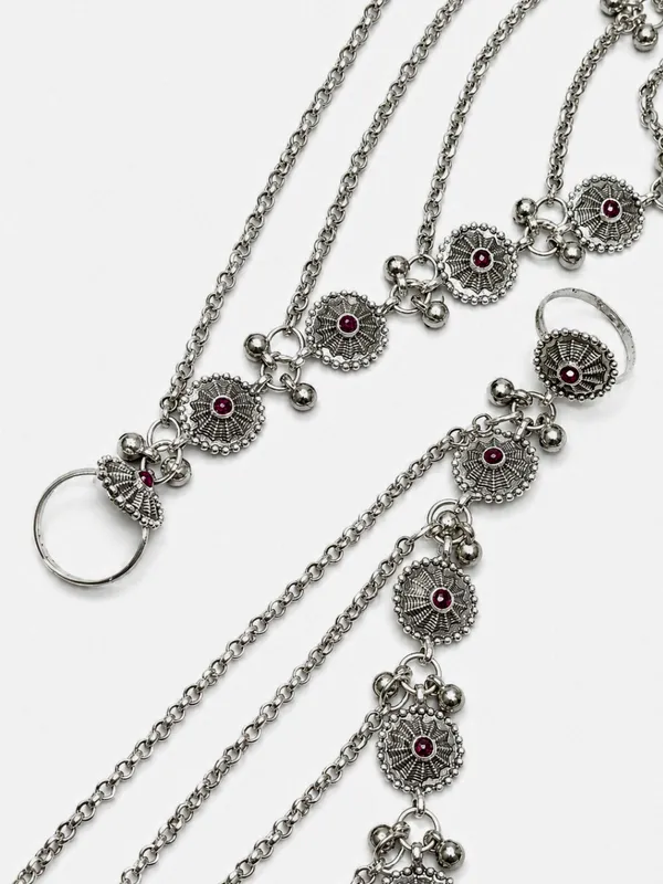 Women_Oxidised_Silver-Plated_Pink_Kundan_Stone-Studded_Layered_Chain_Anklet_With_Toe_Ring