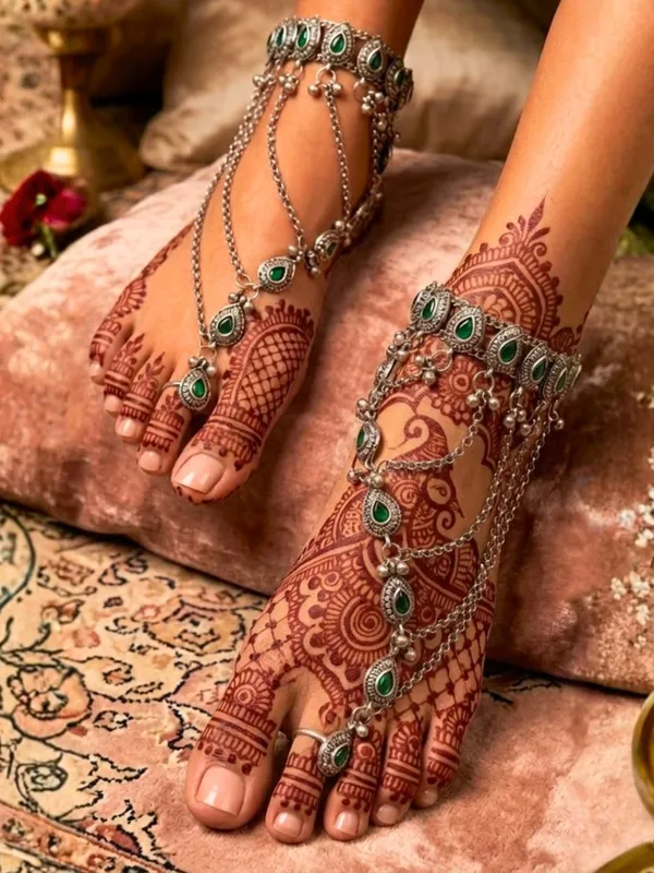 Women_Oxidised_Silver-Plated_Pink_Kundan_Stone-Studded_Layered_Anklet_With_Toe_Ring