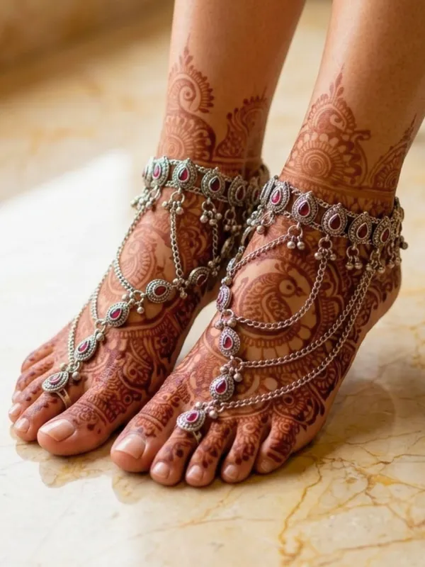 Women_Oxidised_Silver-Plated_Pink_Kundan_Stone-Studded_Layered_Anklet_With_Toe_Ring