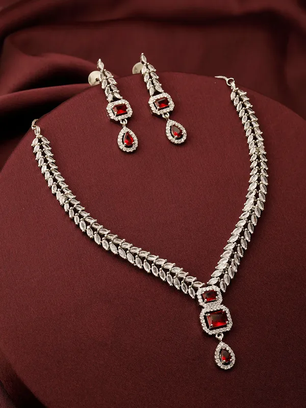 Rhodium-Plated_Ruby_Red_Ad_&_Cubic_Zirconia_Studded_Necklace_Set