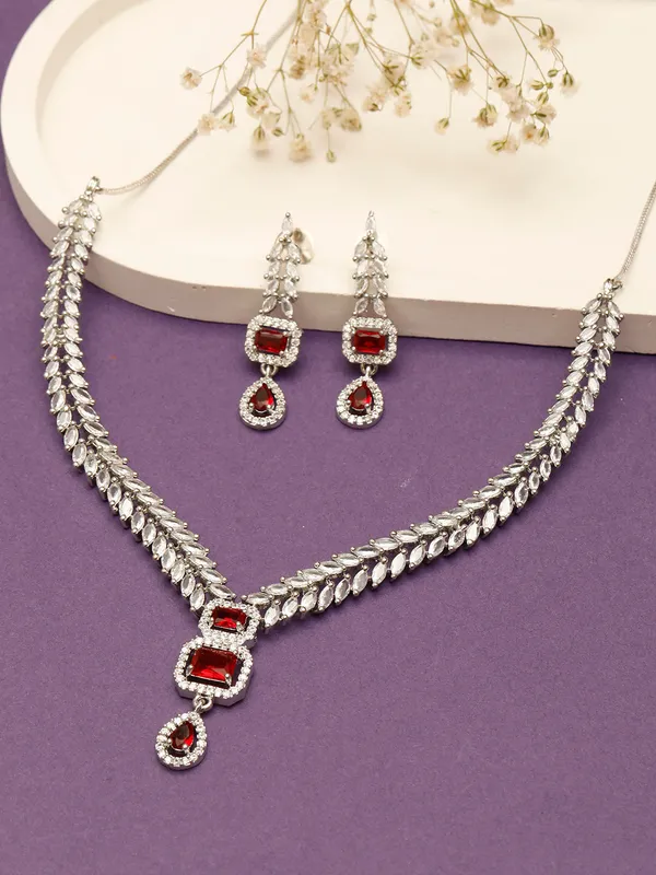 Rhodium-Plated_Ruby_Red_Ad_&_Cubic_Zirconia_Studded_Necklace_Set