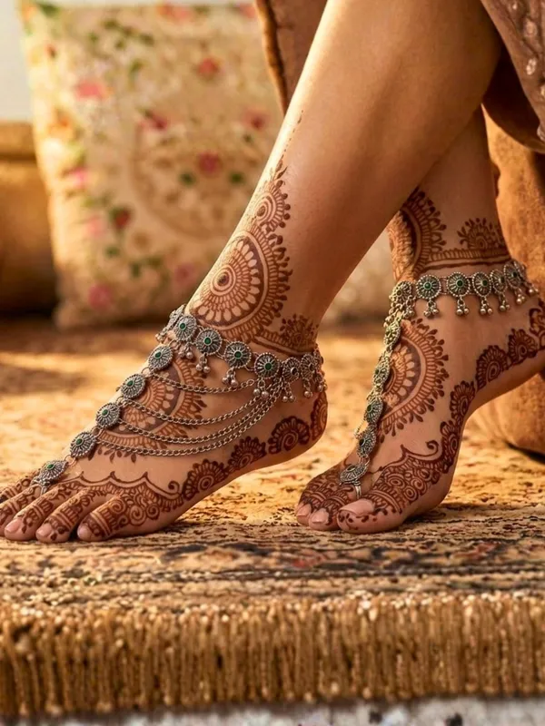 Women_Oxidised_Silver-Plated_Pink_Kundan_Stone-Studded_Layered_Chain_Anklet_With_Toe_Ring