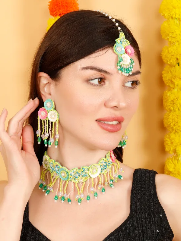 Floral_Jewelry_Set_In_Hot_Pink_-Green_Beads_For_Women,_Perfect_For_Haldi_Ceremony