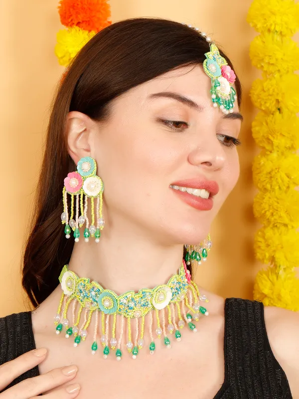 Floral_Jewelry_Set_In_Hot_Pink_-Green_Beads_For_Women,_Perfect_For_Haldi_Ceremony