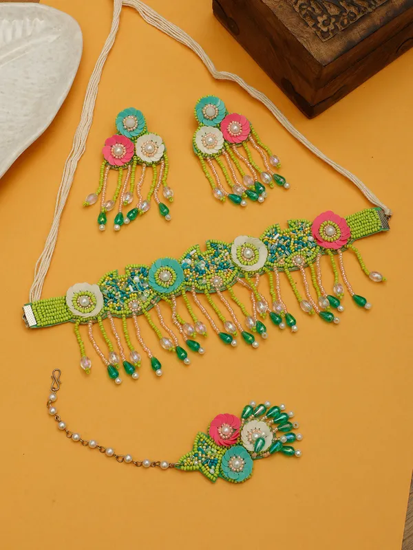 Floral_Jewelry_Set_In_Hot_Pink_-Green_Beads_For_Women,_Perfect_For_Haldi_Ceremony