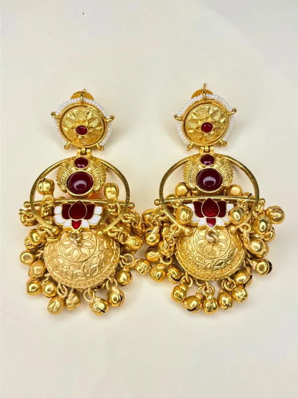 Gold-Plated_Artificial_Red_Stones_Studded_And_Beaded_Dome_Shaped_Jhumkas