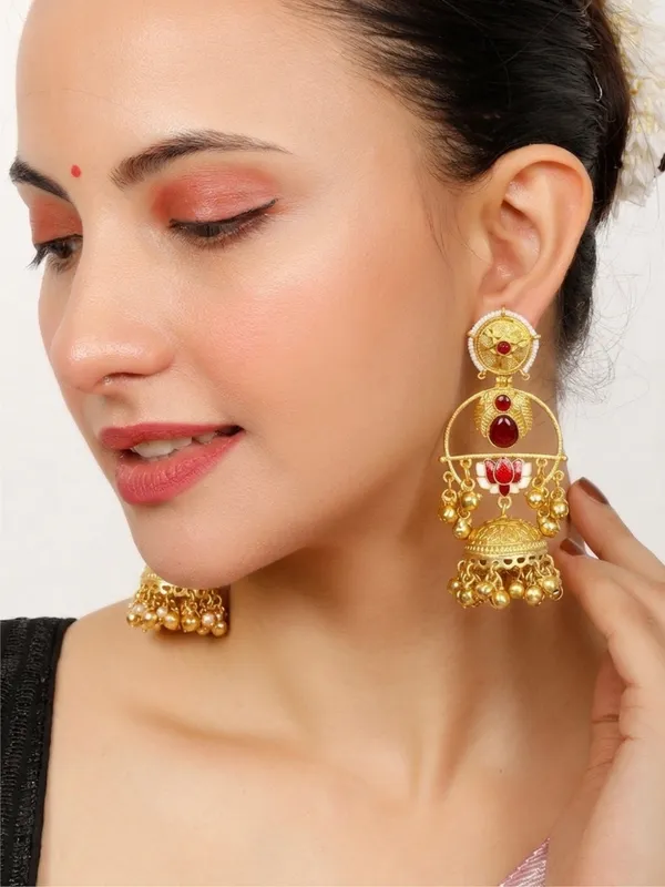 Gold-Plated_Artificial_Red_Stones_Studded_And_Beaded_Dome_Shaped_Jhumkas