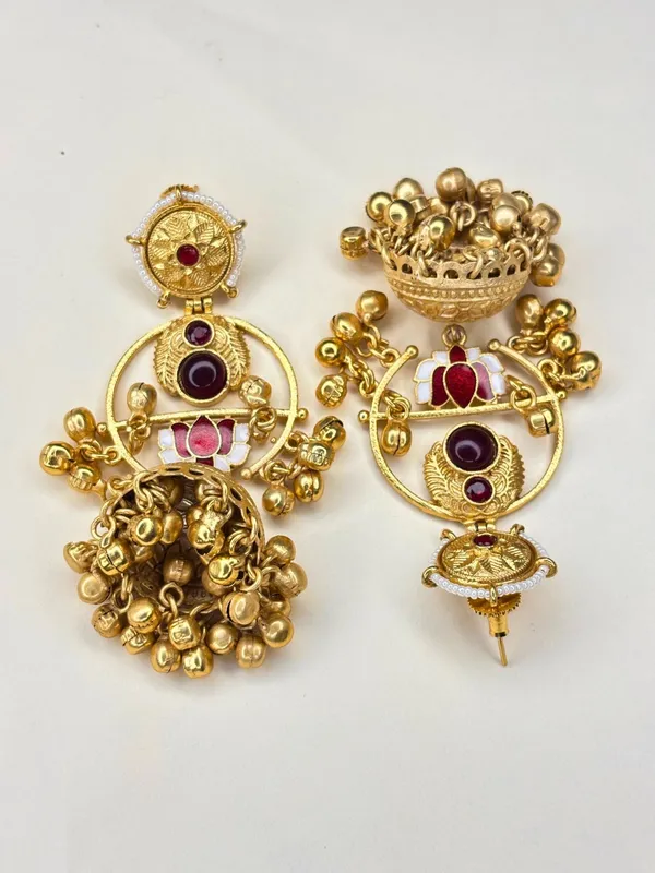 Gold-Plated_Artificial_Red_Stones_Studded_And_Beaded_Dome_Shaped_Jhumkas