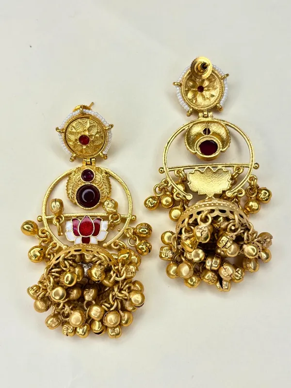 Gold-Plated_Artificial_Red_Stones_Studded_And_Beaded_Dome_Shaped_Jhumkas