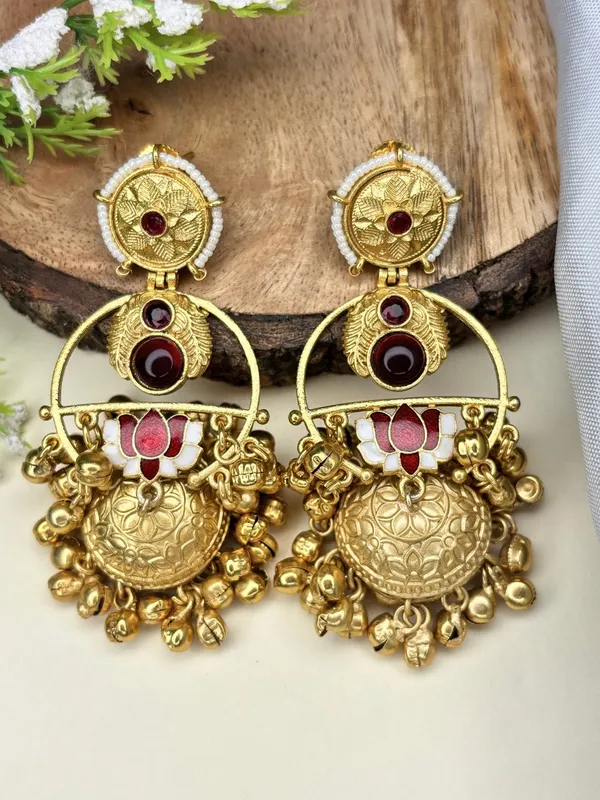 Gold-Plated_Artificial_Red_Stones_Studded_And_Beaded_Dome_Shaped_Jhumkas