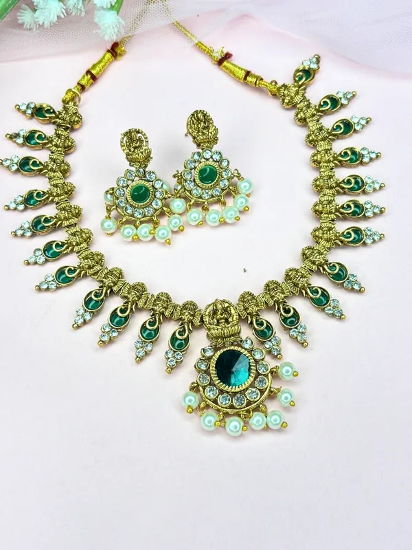 Gold-Plated_Green_Stone_And_Kundan_Studded_Lakshmi_Temple_Necklace_Jewellery_Set