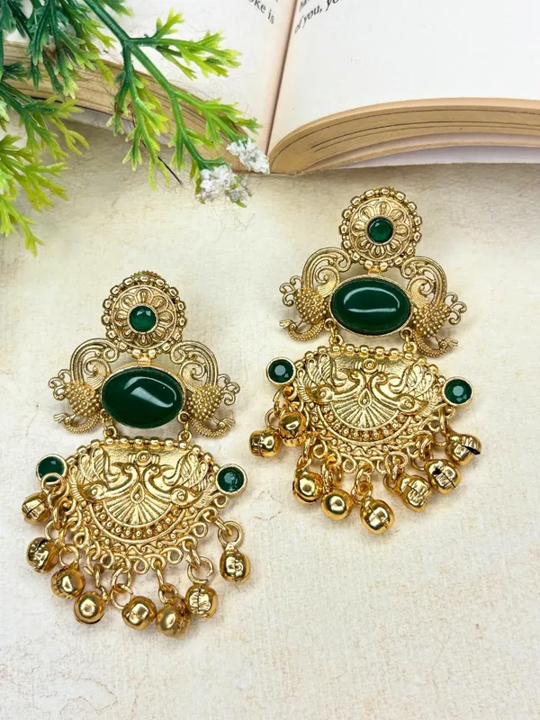 Gold-Plated_Green_Stone-Studded_Peacock_Motif_Dangler_Earrings