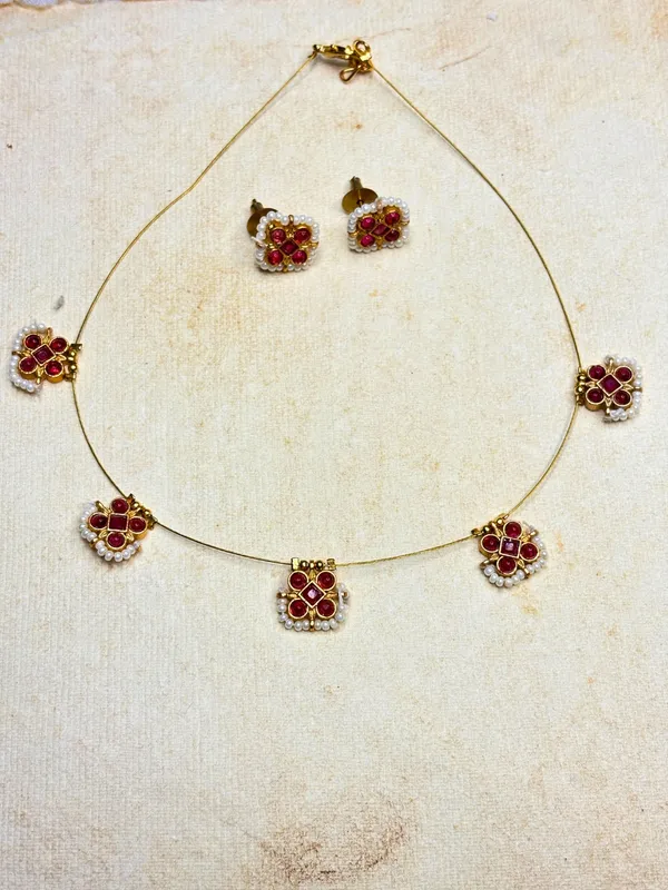 Gold-Plated_Pink_Stone_&_Pearl_Embellished_Minimal_Choker_Necklace_Jewellery_Set