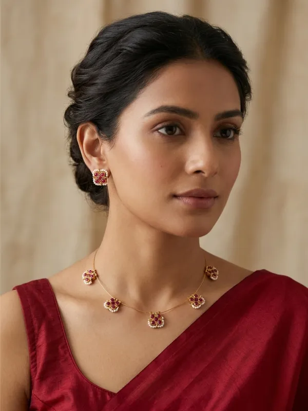 Gold-Plated_Pink_Stone_&_Pearl_Embellished_Minimal_Choker_Necklace_Jewellery_Set