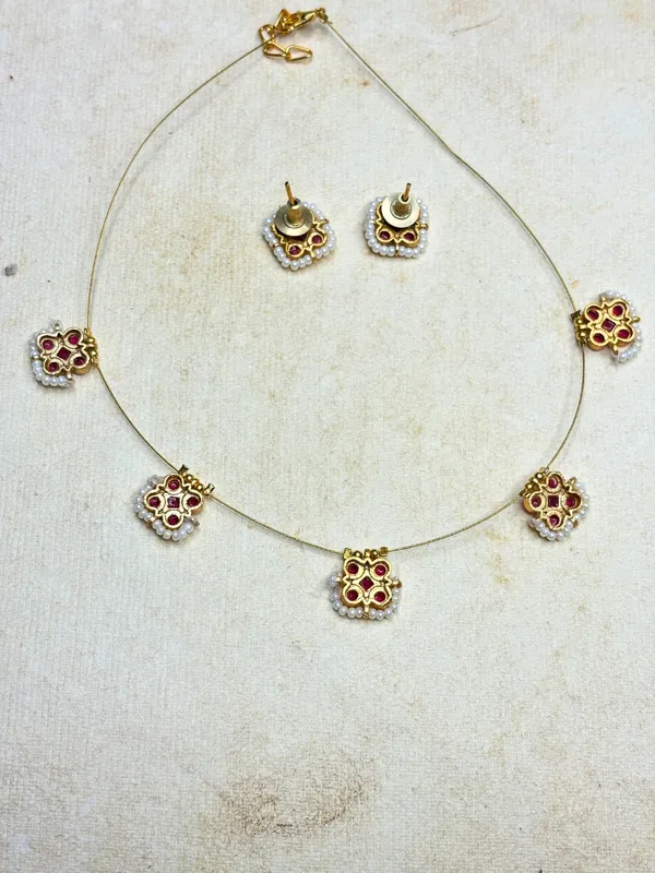 Gold-Plated_Pink_Stone_&_Pearl_Embellished_Minimal_Choker_Necklace_Jewellery_Set