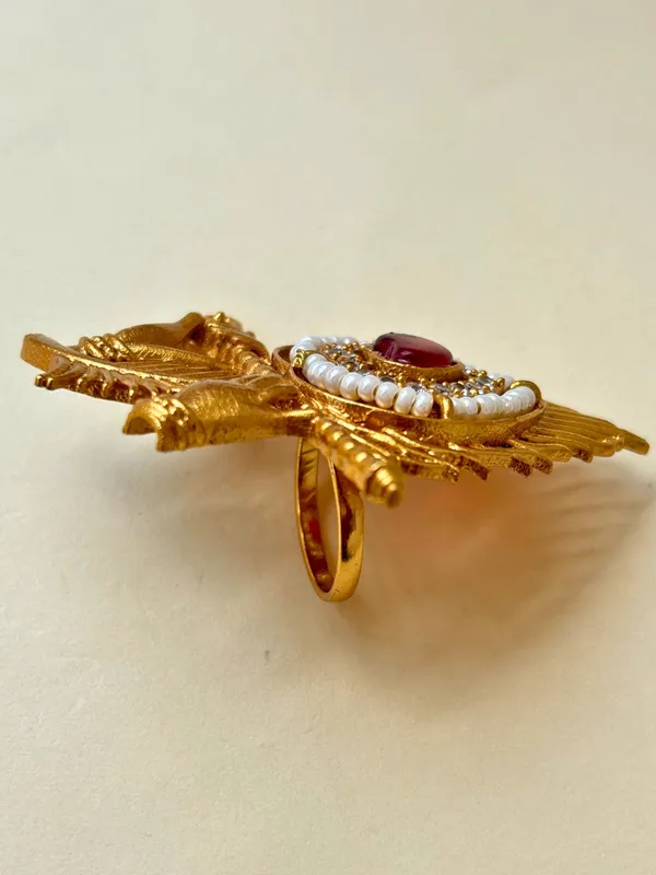 Gold-Plated_Red_Ad_Stones_Studded_&_Peacock_Feather_Shaped_Adjustable_Statement_Ring