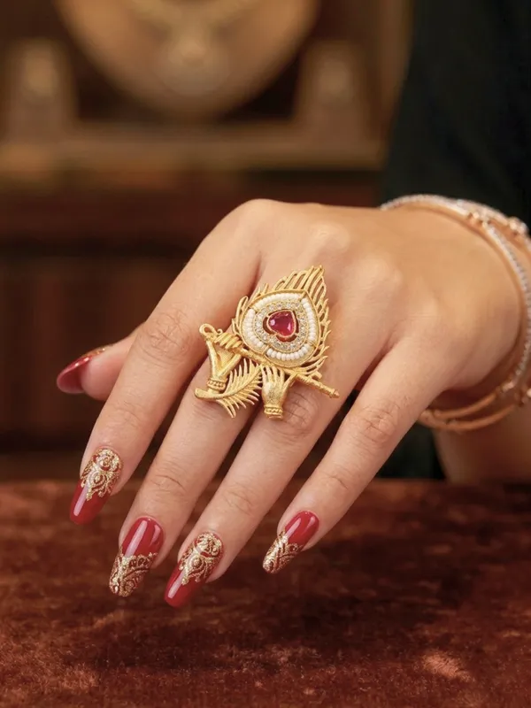 Gold-Plated_Red_Ad_Stones_Studded_&_Peacock_Feather_Shaped_Adjustable_Statement_Ring