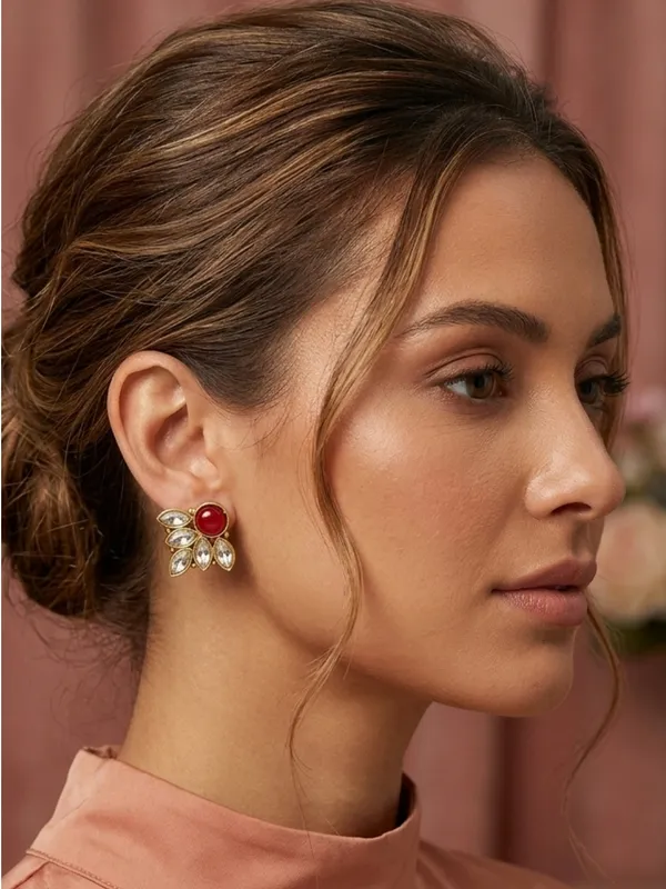 Gold-Plated_Red_Stone_&_White_Crystal_Leaf_Design_Stud_Earrings