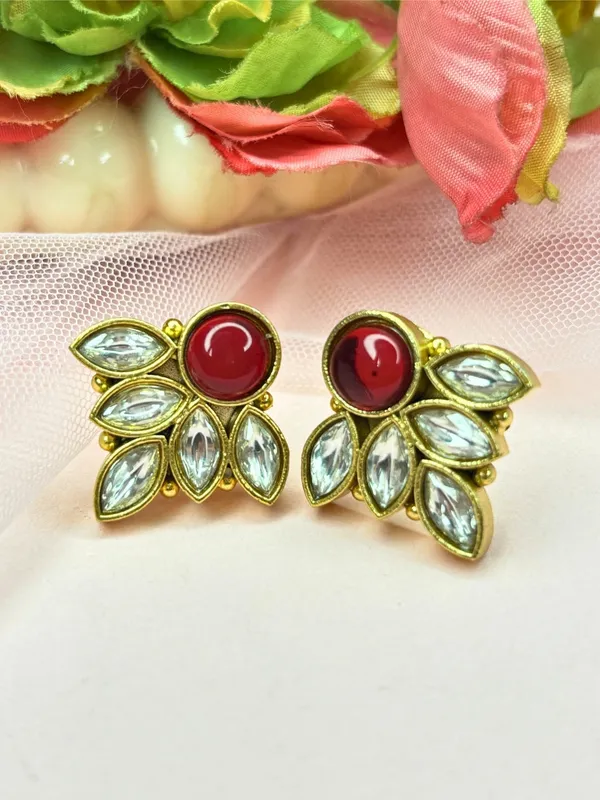 Gold-Plated_Red_Stone_&_White_Crystal_Leaf_Design_Stud_Earrings