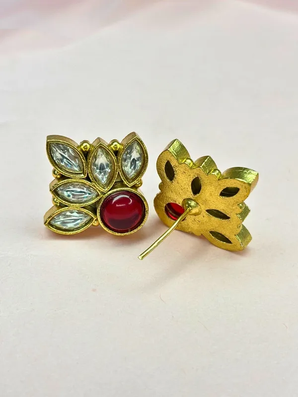 Gold-Plated_Red_Stone_&_White_Crystal_Leaf_Design_Stud_Earrings