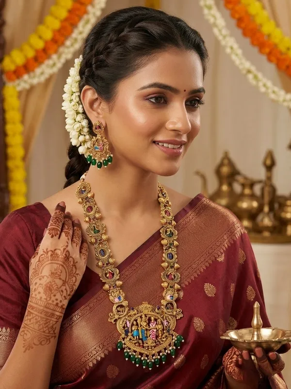 Gold-Plated_Traditional_Srinivasa_Kalyana_Bridal_Long_Haram_With_Earring_Temple_Jewellery_Set