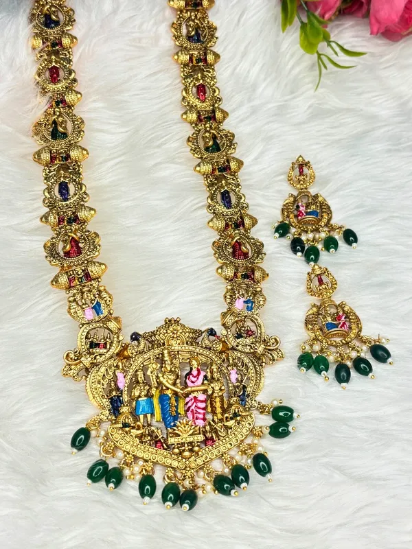 Gold-Plated_Traditional_Srinivasa_Kalyana_Bridal_Long_Haram_With_Earring_Temple_Jewellery_Set