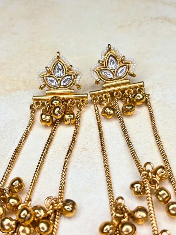 Gold-Plated_White_Stone_Ghungroo_Chain_Dangler_Statement_Earrings