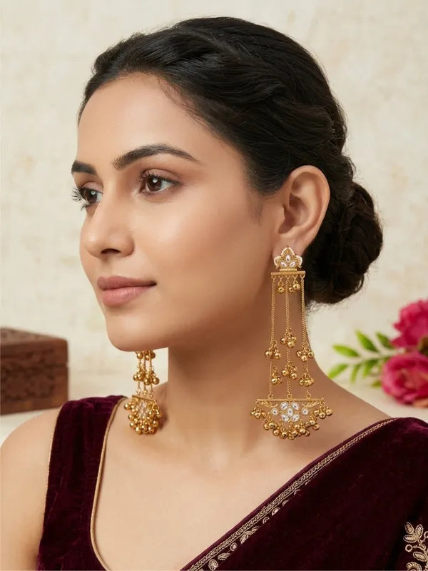 Gold-Plated_White_Stone_Ghungroo_Chain_Dangler_Statement_Earrings
