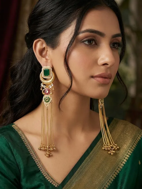 Gold-Toned_Green_Stone_Embellished_Kundan_Tassel_Drop_Earrings