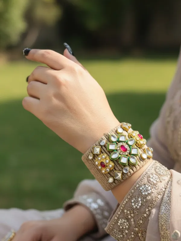 Golden_And_Red_Kundan_Adjustable_Jute_Bracelet