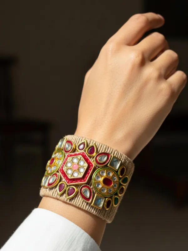 Golden_,Green_And_Red_Kundan_Adjustable_Jute_Bracelet