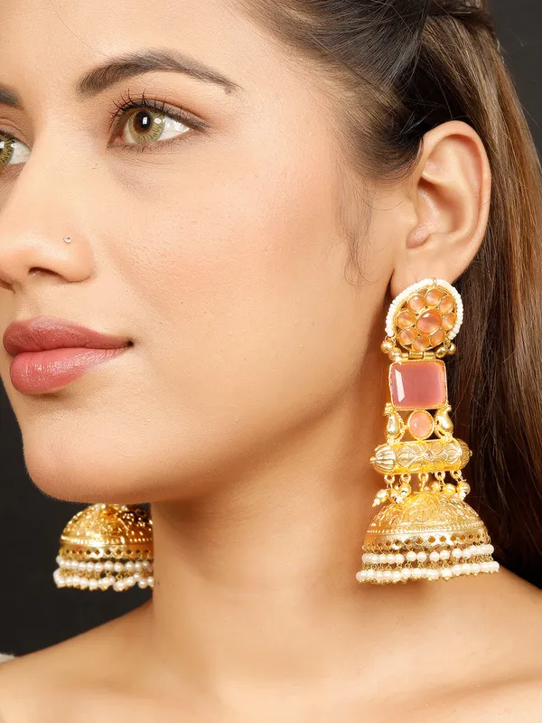 Handmade_Gold_Plated_Long_Pink_Jhumka_Earrings