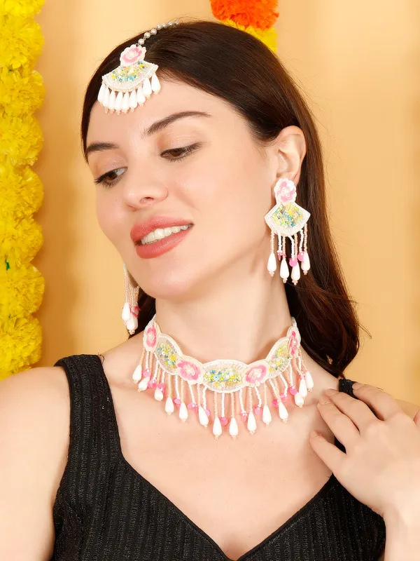 Hot_Pink_Blossom_Handmade_Jewelry_Set_With_Earrings_And_Maang_Tika_-_Haldi_Mehndi_Jewellery