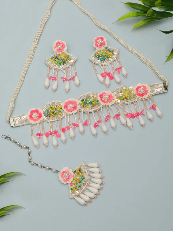 Hot_Pink_Blossom_Handmade_Jewelry_Set_With_Earrings_And_Maang_Tika_-_Haldi_Mehndi_Jewellery