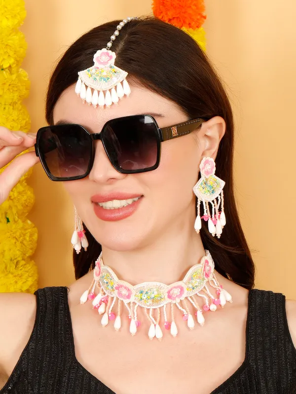 Hot_Pink_Blossom_Handmade_Jewelry_Set_With_Earrings_And_Maang_Tika_-_Haldi_Mehndi_Jewellery
