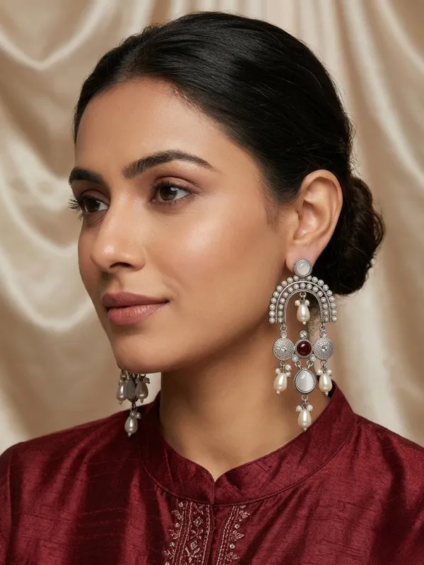 Maroon_&_White_Stone_Pearl_Embellished_Oxidised_Chandbali_Statement_Earrings