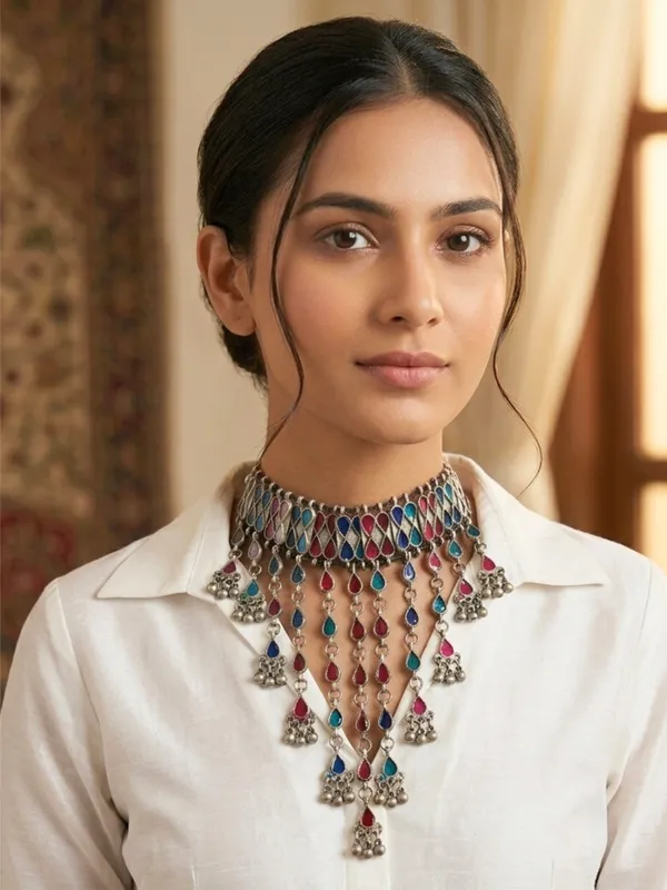 Oxidised_Silver_Multi-Colour_Stone_Choker_Necklace