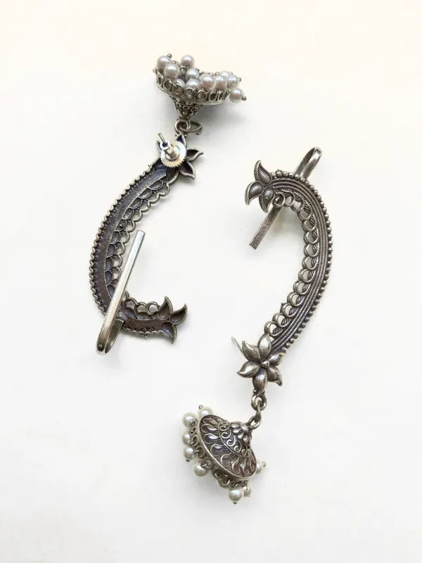 Oxidised_Silver-Plated_Floral_Ear_Cuff_Jhumka_Earrings