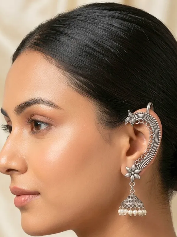 Oxidised_Silver-Plated_Floral_Ear_Cuff_Jhumka_Earrings