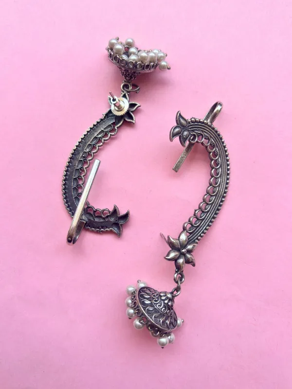 Oxidised_Silver-Plated_Floral_Ear_Cuff_Jhumka_Earrings